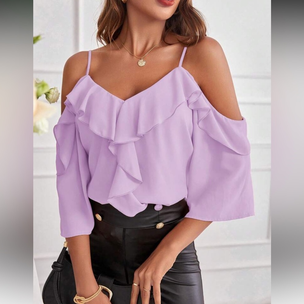Elegant Red Ruffle Cold Shoulder Top - Picture 16 of 16